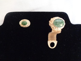 Emerald Green Stone Tie-Tack &amp; 1 Cufflink Vintage (#6199)  - £17.39 GBP