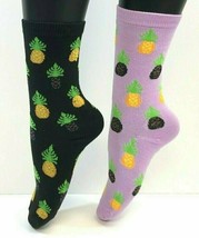 2 Pairs Foozys Women&#39;s Socks Pineapple Print, Purple, Black, New - £7.11 GBP
