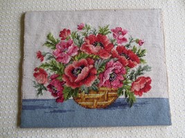 Vintage COMPLETED Mounted POPPY BOUQUET in BASKET NEEDLEPOINT - 16-3/4&quot; ... - £23.98 GBP