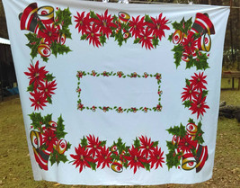 Vintage California Handprints Christmas Tablecloth 53&quot; x 63&quot; Poinsettias Bells - £28.76 GBP