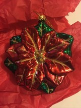 Glitter Blown Glass Poinsettia Christmas Ornament - £14.82 GBP