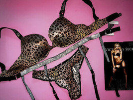 Victoria&#39;s Secret 34B,34C,34DD,34DDD Bra Set+Garter+S Black Beige Snine Strap - £94.73 GBP