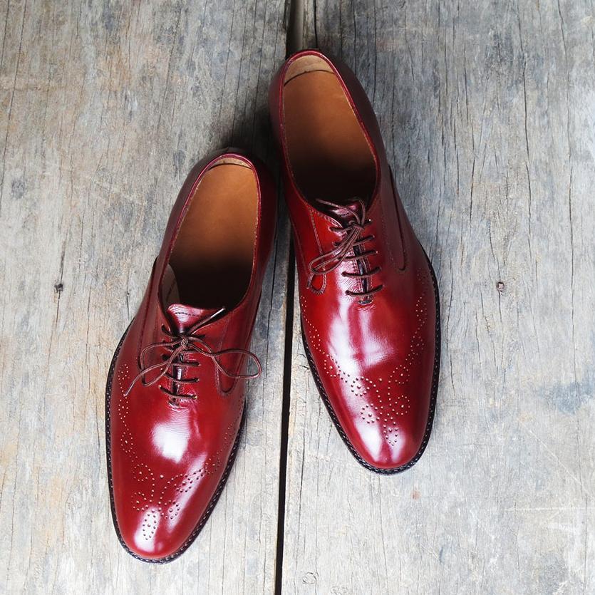 Handmade Men's Burgundy Brogue Toe Leather Dress Shoes, Men Designer Formal Shoe