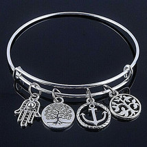 Inspirational Four Charm Wire Bangle Bracelet Sterling Silver - £8.89 GBP