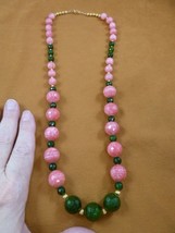 (v465-7) 24&quot; Pink Rhodochrosite gemstone + green Jade graduated beaded Necklace - £161.06 GBP