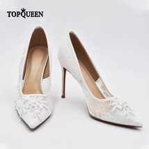 Bridal Shoes In women&#39;s Pumps White Lace Bead Flower Elegant High Heels Women He - $104.41