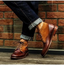 Handmade Men&#39;s Brogue Ankle High Boot,Tan Brown Blue Leather &amp; Suede LaceUp Boot - £122.27 GBP
