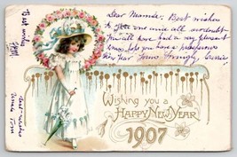 New Year 1907 Victorian Girl Flower Wreath To New Ulm MN Postcard Q25 - $4.95
