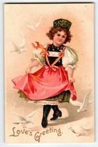 Loves Greetings Postcard Unsigned Ellen Clapsaddle Cut Girl White Doves Germany - $20.90