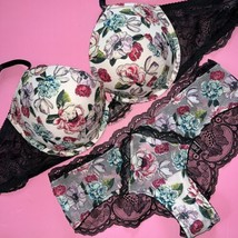 Victoria&#39;s Secret 34C,34DDD,36DD BRA SET BLACK white pink floral applique ROSE - £63.29 GBP