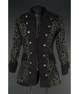 Men&#39;s Black Brocade Pirate Jacket Victorian Goth Vampire Jacquard Office... - £82.93 GBP