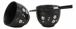 Japanese White Anemone Flowers Black Ramen Noodles Bowls And Chopsticks ... - $25.99