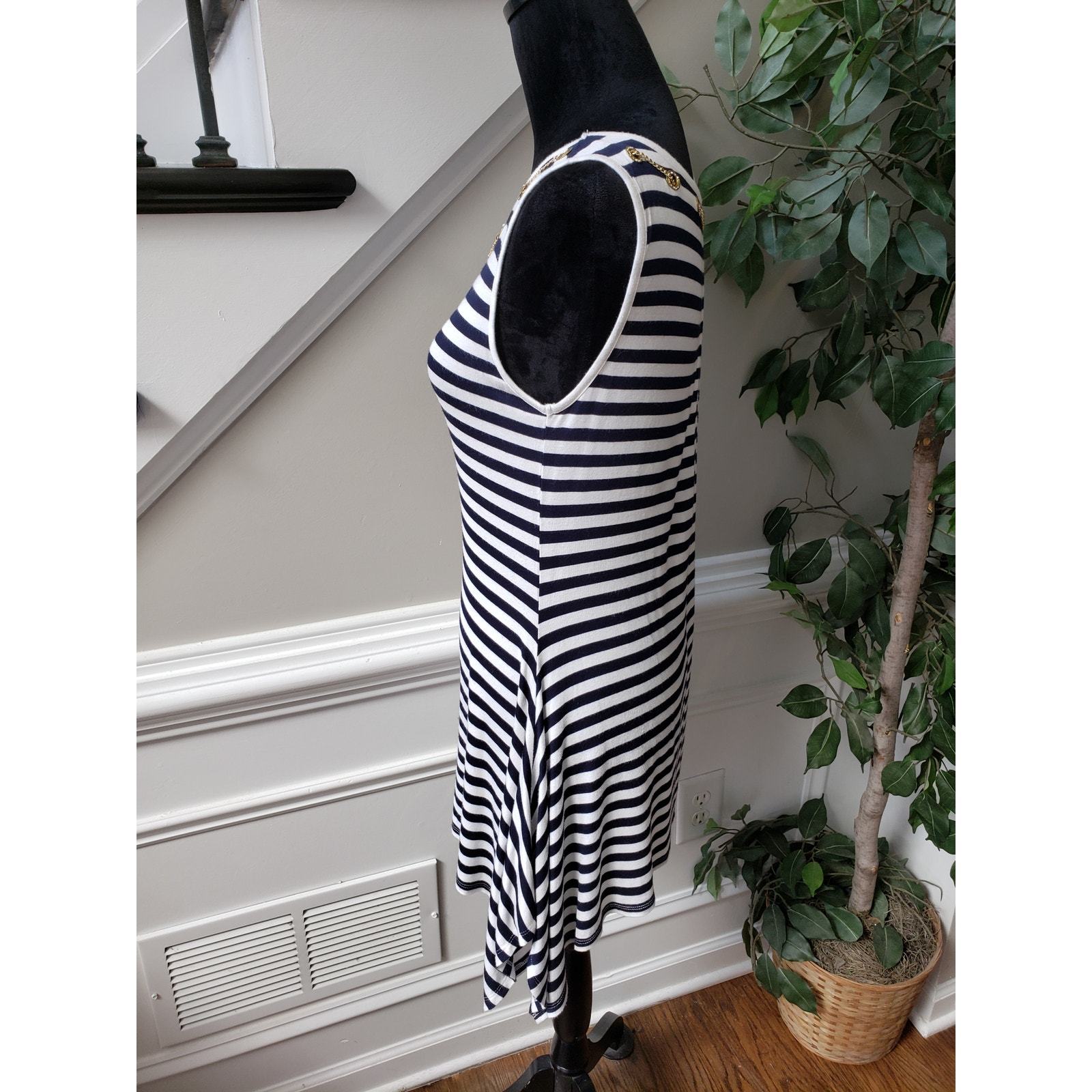 Belldini Top Blouse Womens Small White Blue Striped Embellished Asymmetrical Hem Item image 12