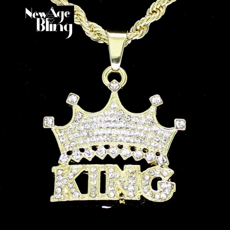 Primary image for Iced Crown Cubic Zirconia King Pendant 24" Rope Chain 14k Gold Plated Hip Hop
