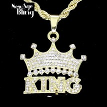 Iced Crown Cubic Zirconia King Pendant 24&quot; Rope Chain 14k Gold Plated Hip Hop - £6.85 GBP