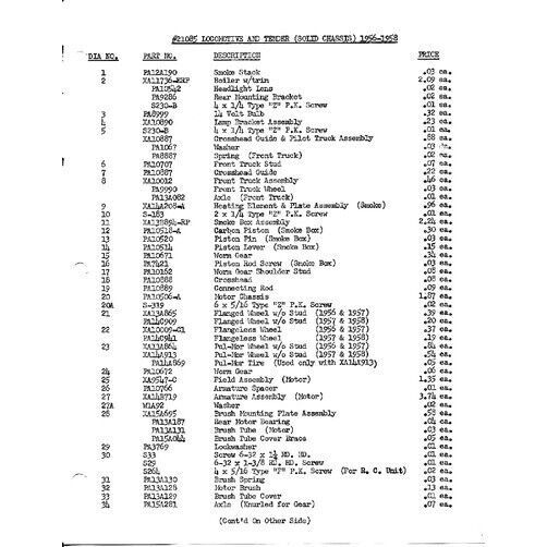 Primary image for AMERICAN FLYER 21085 Steam Engine SERVICE PARTS LIST only Copy of Original