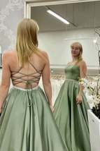 A Line Backless Green Satin Long Prom Dress, Pockets Evening Gown With Beading - £117.94 GBP