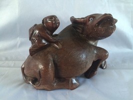 Antique Japonais Sculpture Bois De Eau Buffalo Wtth Enfant Equitation - £52.40 GBP