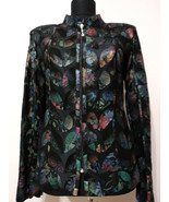 Flower Pattern Black Leather Coat Woman Jacket Leaf Design Zipper Short ... - £179.63 GBP