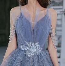 Dusty Blue Maxi Dress GOWNS Deep-V neckline Sleeveless Tulle Wedding Dresses image 6