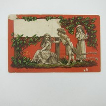 Victorian Trade Card Christmas Boy Flowers Girls Doll Red &amp; Green Antique 1878 - £7.98 GBP
