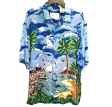 Large Mens Hawaiian Shirt Palm Trees Woody Cars Blue Dolphin Beach - £21.52 GBP