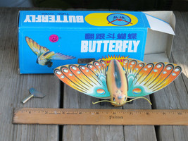 JUYOU ~ Retro Butterfly 8” wide Wind-Up Tin Litho Toy Turns Over ~ SHIPS... - $24.99