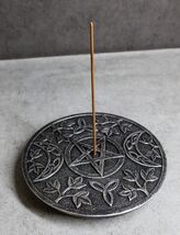 Wicca Triple Moon Triskele Goddess Pentagram Round Incense Holder Figurine - $15.99