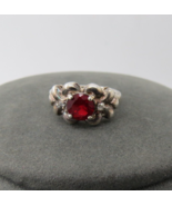S.P. Lind Ring Size 6 Red Glass Rhinestone Center Two Clear Stones Silve... - £22.75 GBP