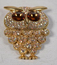 Beatrix Jewelry Brooch Pin Rhinestone Owl Pendant Aura Borialis Brown Goldtone S - £39.81 GBP
