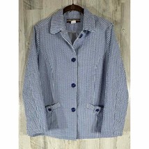 Tudor Court Button Up Shirt Jacket Medium Blue White Stripe Crinkle Text... - $23.74