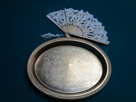 OVAL VANITY TRAY COPPER AND WOOD LACE  CHILD FAN  - $54.45