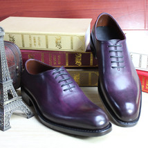 Men&#39;s Oxford Purple Color Burnished Plain Rounded Toe Real Leather Lace up Shoes - £117.94 GBP