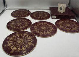 6 Vtg Lady Clare Round Place Mats Trays Cellulose Finish Red Gold - £38.66 GBP