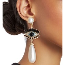 Cream Pearl Teardrop Evil Eye Dangle Earrings Gold Metal Black Blue Rhinestone - £21.81 GBP