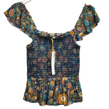 House of Harlow 1960 Smocked Top Blue Size S Ruffle Sleeve Peplum Stretch - £27.28 GBP