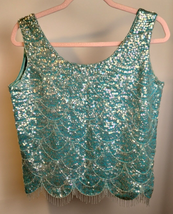 Vintage Wool Sequin Beaded Womens Blouse Turquoise Fringe Evening Flappe... - £38.95 GBP