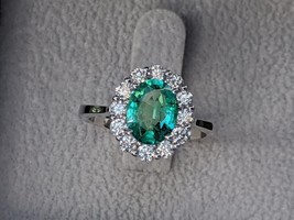 14k White Gold Plated Silver 3.40Ct Simulated Green Emerald Engagement Halo Ring - £94.95 GBP