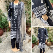 Pakistani  Dark Gray Printed Straight Shirt 3-PCS Lawn Suit w/ Threadwork ,L - £41.26 GBP