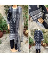 Pakistani  Dark Gray Printed Straight Shirt 3-PCS Lawn Suit w/ Threadwor... - £41.82 GBP