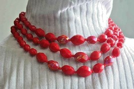 Fabulous Faceted Iridescent Red Acrylic 3-strand Necklace 1960s vintage 17&quot; - £11.17 GBP
