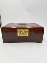 Vintage Chinese Jewelry Carved Rosewood Brass Accents Red Lining Jewelry... - $58.50