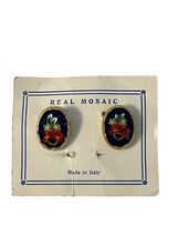 Vintage Italian Micro Mosaic Clip On Earrings Floral Blue Oval Made in I... - $22.50
