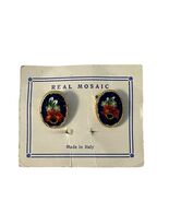 Vintage Italian Micro Mosaic Clip On Earrings Floral Blue Oval Made in I... - $22.50