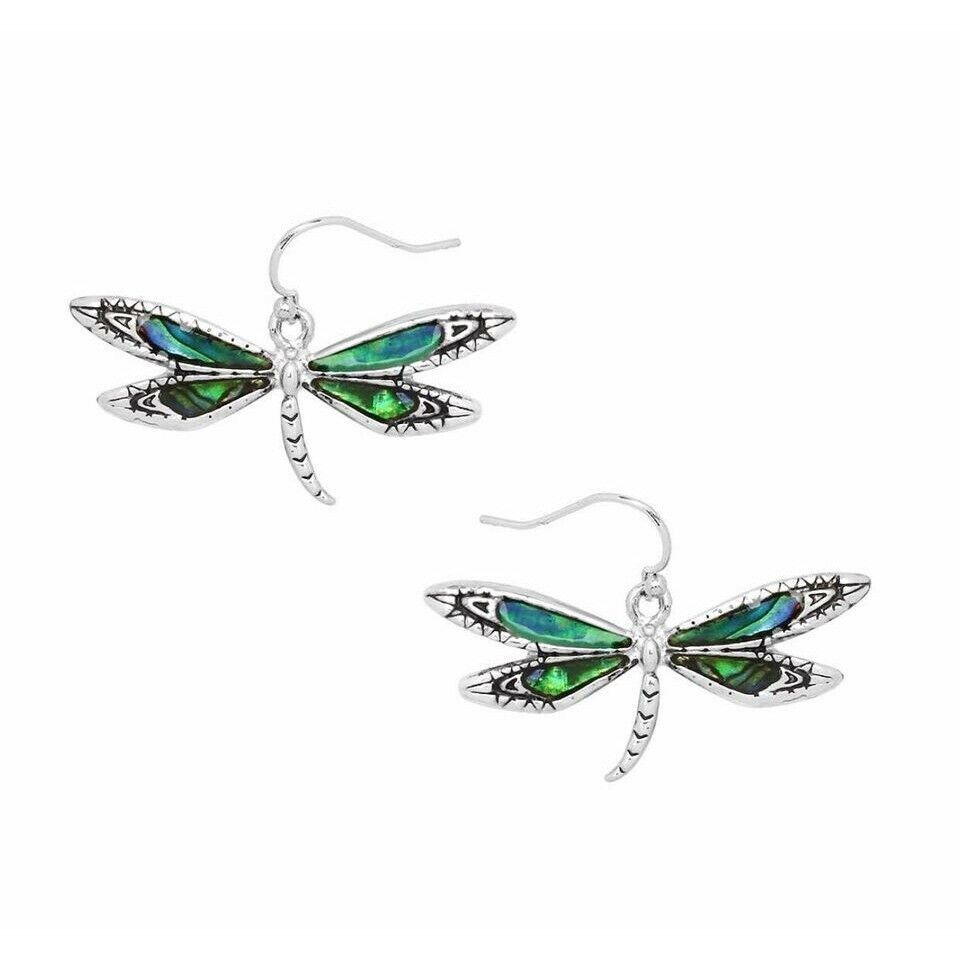 Abalone Dragonfly Earrings Silver Tone - £11.83 GBP