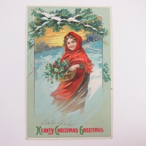 Christmas Postcard Girl Red Cloak Carries Basket Holly Berries Embossed Antique - £7.94 GBP