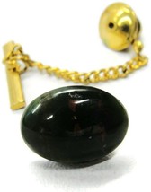 Dark Green Jelly Bean Marbled Oval Tie Tack Gold Tone Chain Tux Vtg Lapel Pin - £15.47 GBP