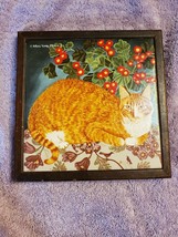 Ceramic Tile Set in Wood Base Trivet Tabby Orange Cat Kitty Sitting In Flowers - £23.73 GBP