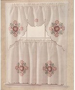 CHRISTMAS POINSETTIAS HOLIDAY BEIGE EMBROIDERED KITCHEN CURTAIN 3 PCS SET - £15.64 GBP