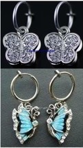 1 PAIR Spring Clip-On Butterfly Dangle Earrings:Blue or Clear Rhinestone/Black  - £3.17 GBP